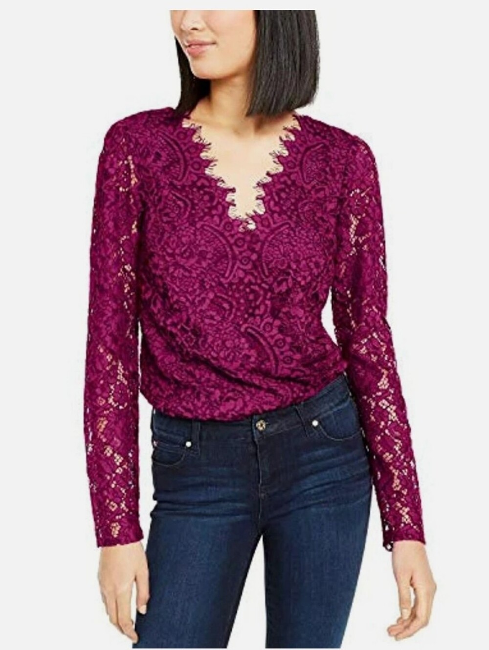 Leyden Magenta Lace Snap Closure Long Sleeve V-Neck Bodysuit Top Size M